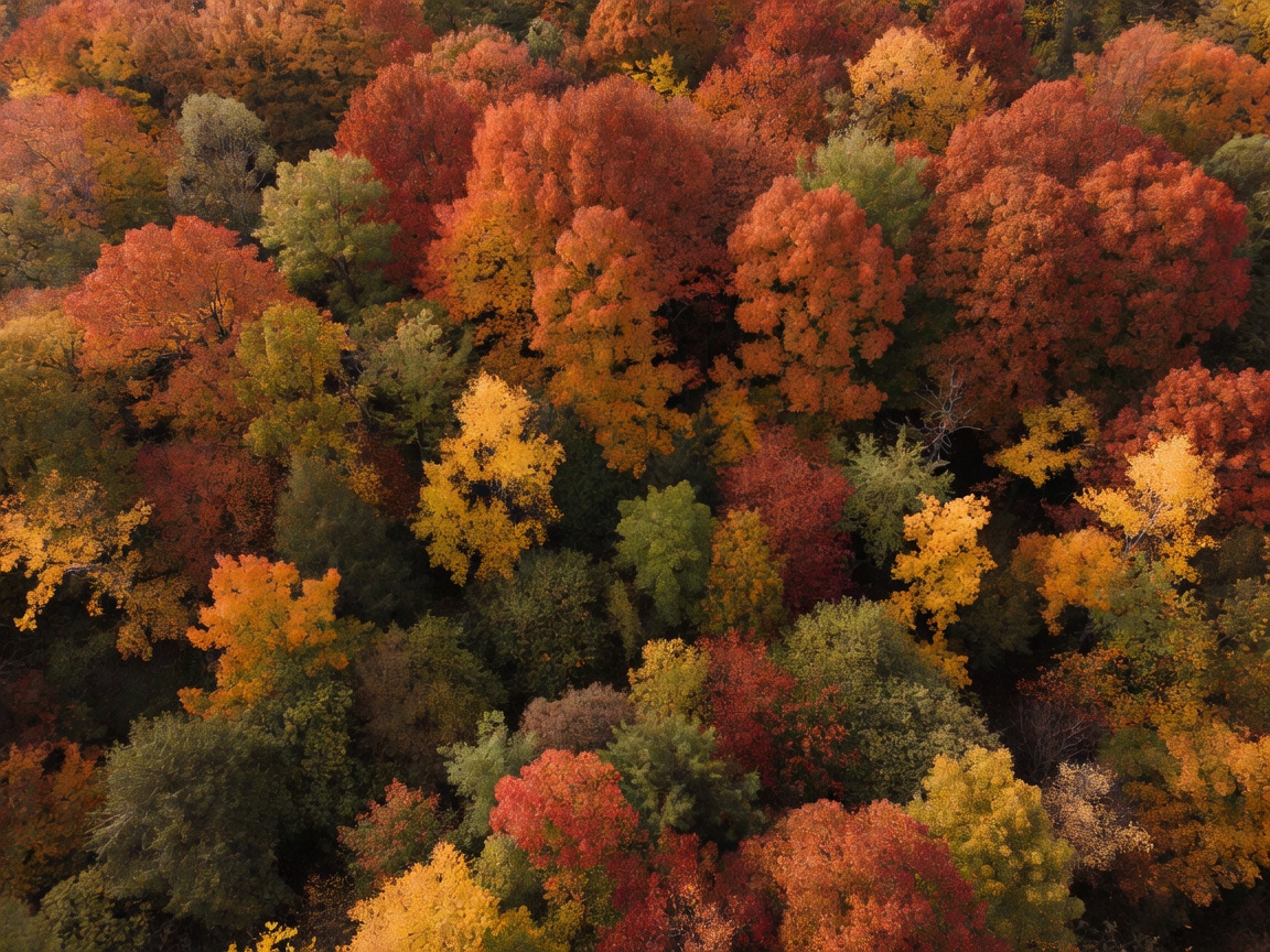 Layered autumn woodland canopy in shades of rust, olive and ochre seen from above