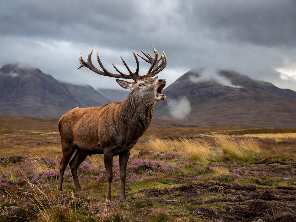 A red deer stag with large antlers roaring on open moorland in the Cairngorms