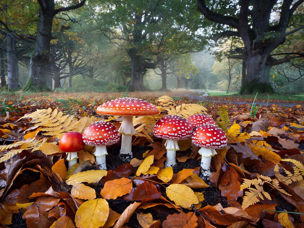 Fly agaric mushrooms with red caps growing among fallen leaves in a New Forest glade