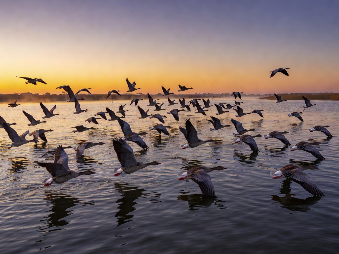 A flock of pink-footed geese flying low over open water on the Norfolk Broads at dusk