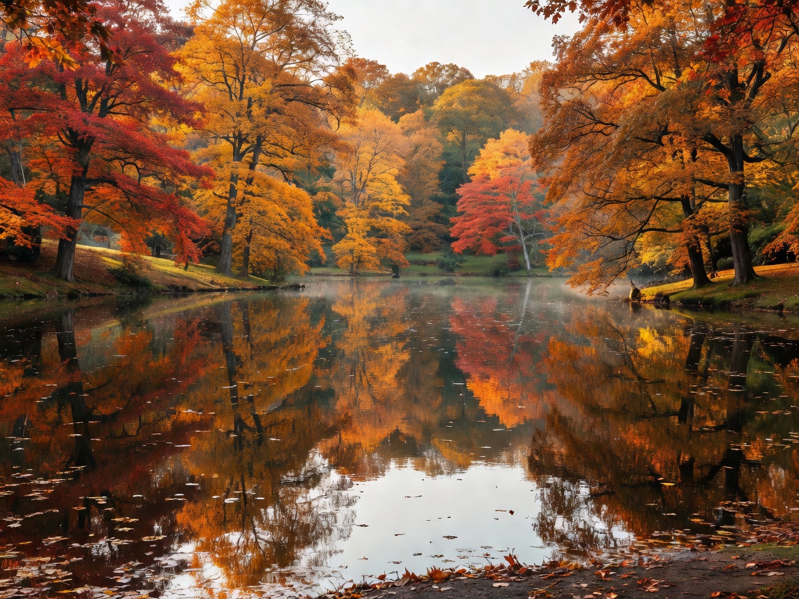 Autumn-coloured trees reflected in one of the lakes at Sheffield Park and Garden