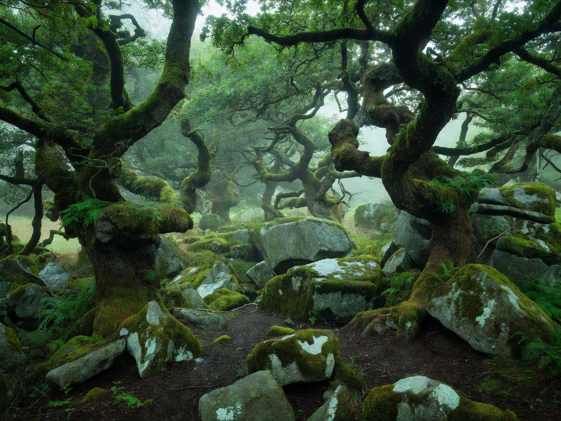 Twisted, moss-covered oak trees growing among granite boulders at Wistman's Wood on Dartmoor